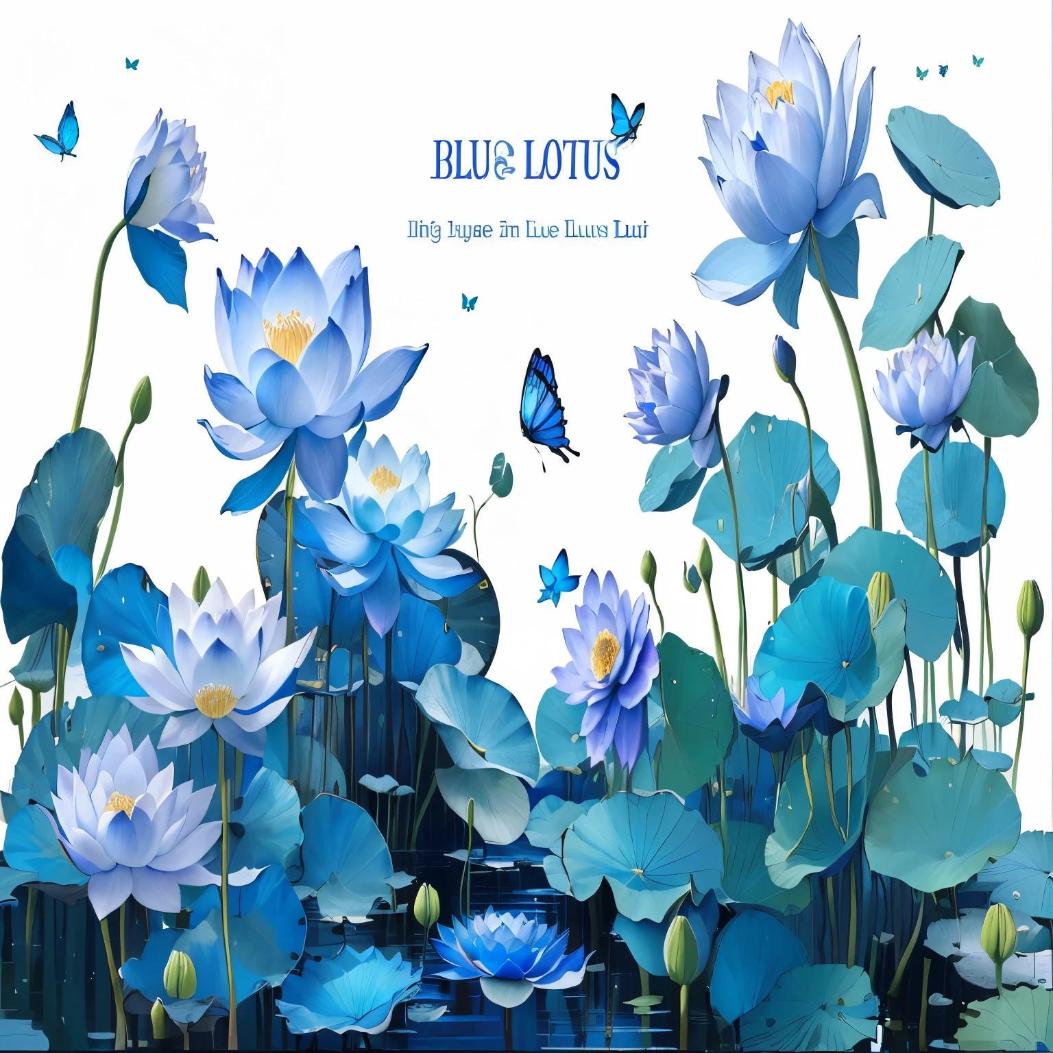 there are many blue lotuses in the water with a butterfly flying above them, lotus, with lotus flowers, by Li Di, lotuses, blue color, lotus flowers, blue, author:Sim Che Tsai, author:Ju Lian, by Zhu Da, author:Jin Touliang, author:Li Kan, lots blue colours, lotus pond