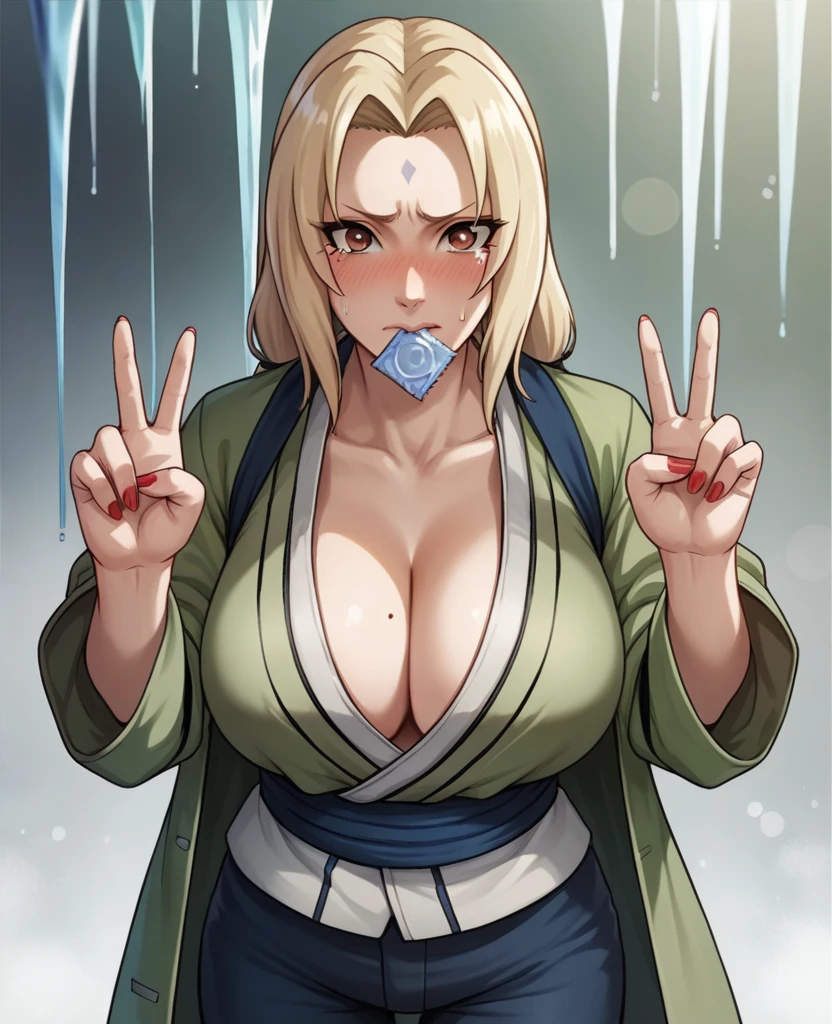 score_9, score_8_up, score_7_up, score_6_up, score_5_up, score_4_up, BREAK ,1girl,upper body,Condom in mouth, double V gesture,blush,tears in eyes,embarrassed,tsunade_(naruto), 1girl,black_pants, blonde_hair, breasts, brown_eyes, cleavage, coat, forehead yewel, naked large_breasts, long_hair,nail_polish, ninja, pants, red_nails, shirrose,dark_background,  flower, ice_flower, icicle,