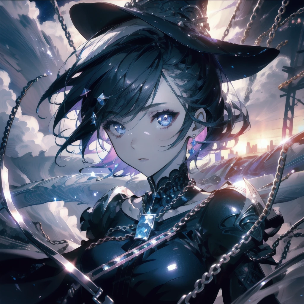 a beautiful detailed portrait of a young female magician, wearing a witch's hat, standing against a night sky background, highly detailed and realistic, masterpiece, best quality, 4k, 8k, highres, ultra-detailed, photorealistic, sharp focus, physically-based rendering, vivid colors, studio lighting, professional, porcelain skin, perfect facial features, long elegant legs, short stylish hair, mesmerizing eyes, enchanting expression, white armor, sexy bikini, clouds, rippling water, chains, tattoos, lace, partially nude