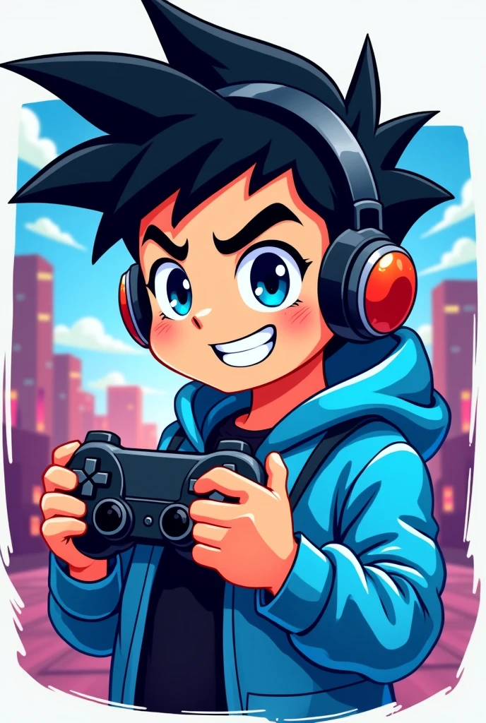 Generate a mascot logo where the mascot is a gamer boy with black hair and a light blue jacket