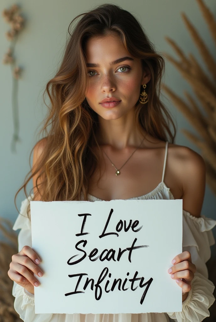 Beautiful girl with wavy long hair, bohemian dress, holding a white board with text "I Love Seaart Infinity" and showing it to the viewer