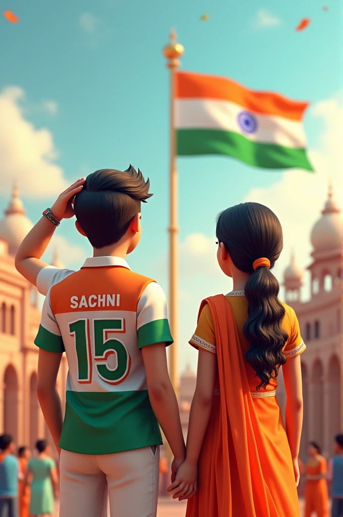 a Indian couples 21 years old boy and 18 years old girl salutes the national flag of bharat and he is wearing a shirt print is like bharat flag and "SACHIN" and RADHA 15 number and independence day in small is written on it's back in big and bold fonts, 3d illustration