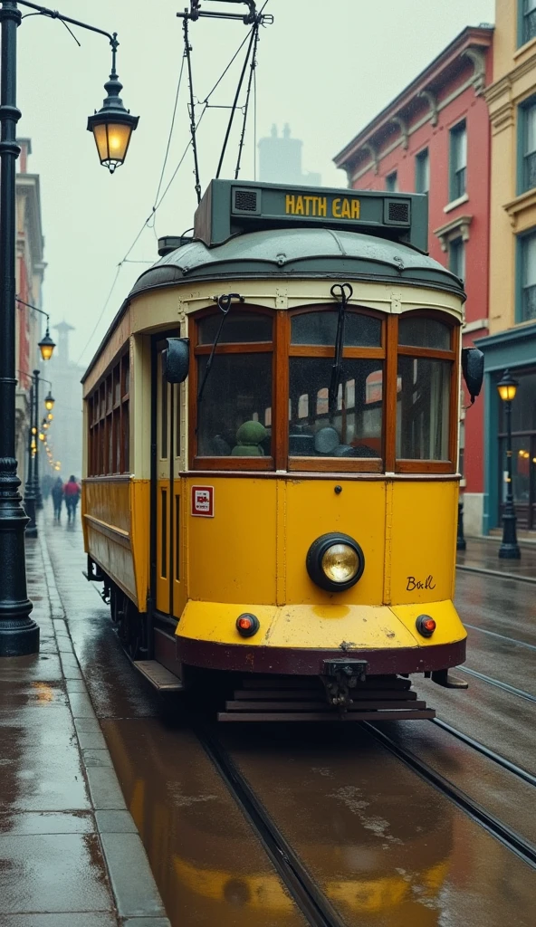 yellow trolley after rain in the street, oil painting, vintage feel, scratch