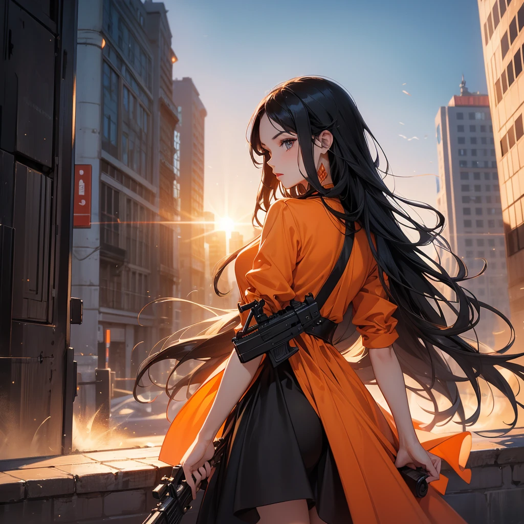 a beautiful woman with long black hair, wearing a tight orange dress, standing holding a rifle, aiming the barrel at the bad guys, on a tall building, the sun is setting.