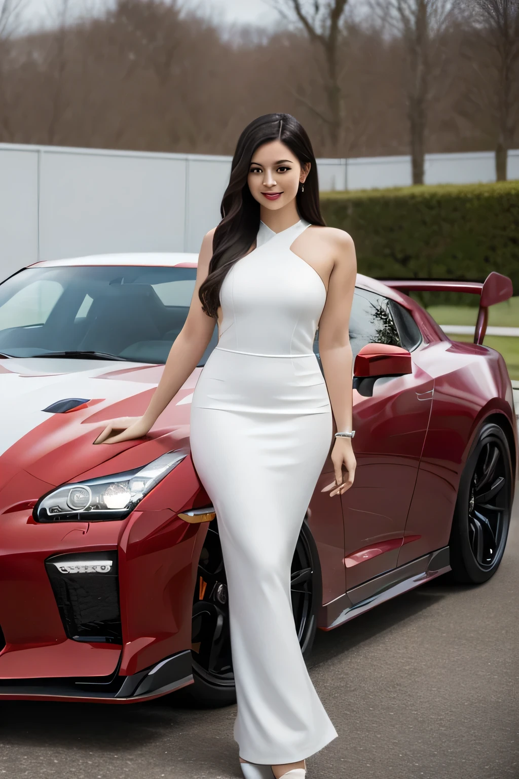 “A stunning, black-haired woman with a sleek and elegant appearance stands confidently next to a Nissan GTR. She is dressed in a stylish race queen outfit, featuring a form-fitting design that highlights her figure. Her outfit incorporates a modern aesthetic with subtle red and white accents that complement the car’s design. The woman has an alluring, confident expression, with a background that suggests a race track or a high-end auto show. The Nissan GTR beside her is polished and gleaming, emphasizing its powerful and sophisticated design.”