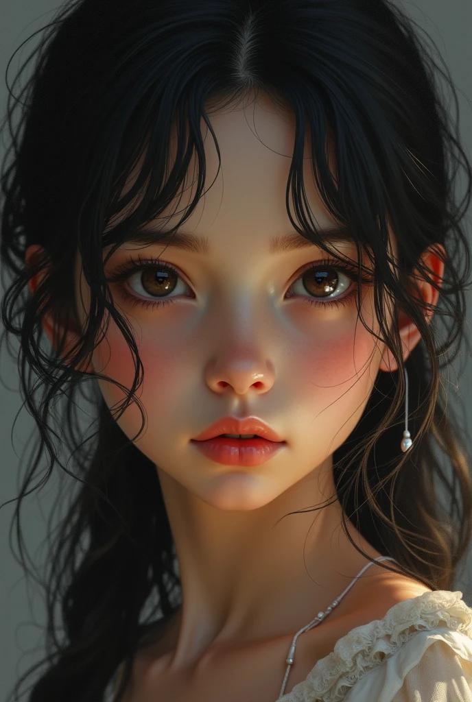 12 year old girl with long black hair with epic realism