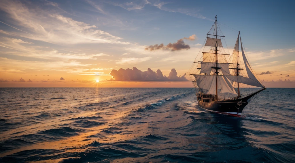 best quality, 8k, high resolution, sail ship in the ocean at sunset, sharp focus