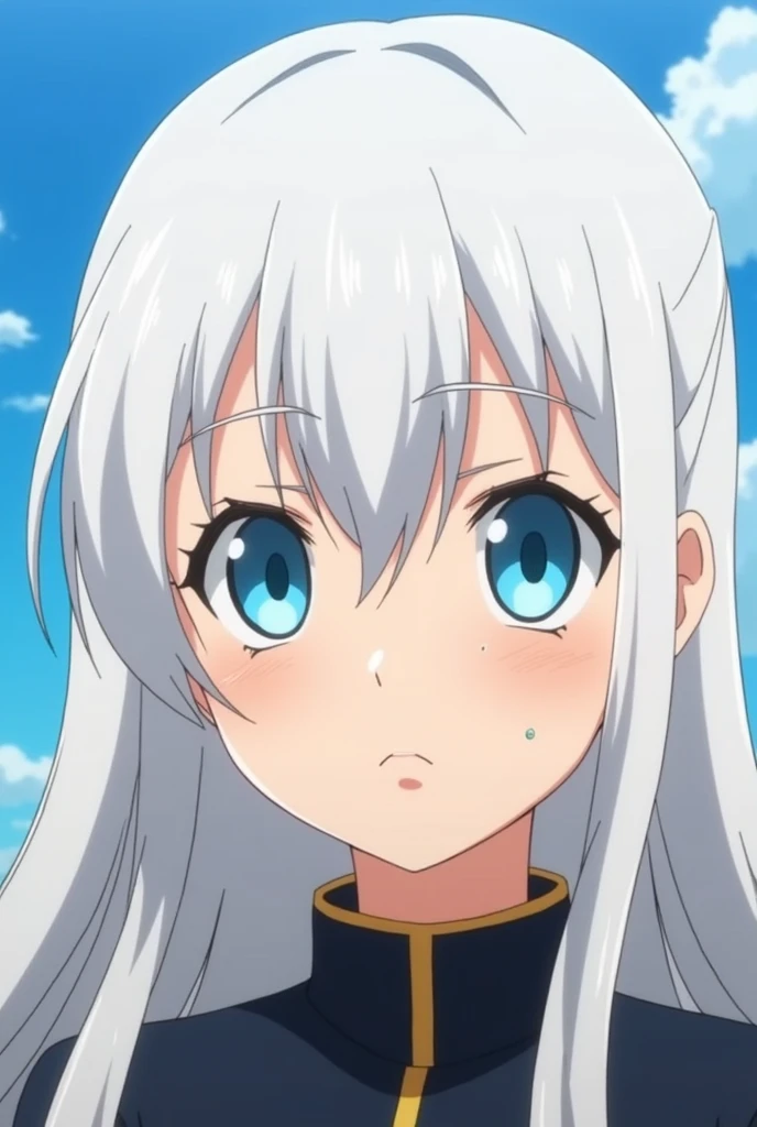 Screenshots My Hero Academia. Girl with long white hair and sky blue eyes, with a mole under his left eye