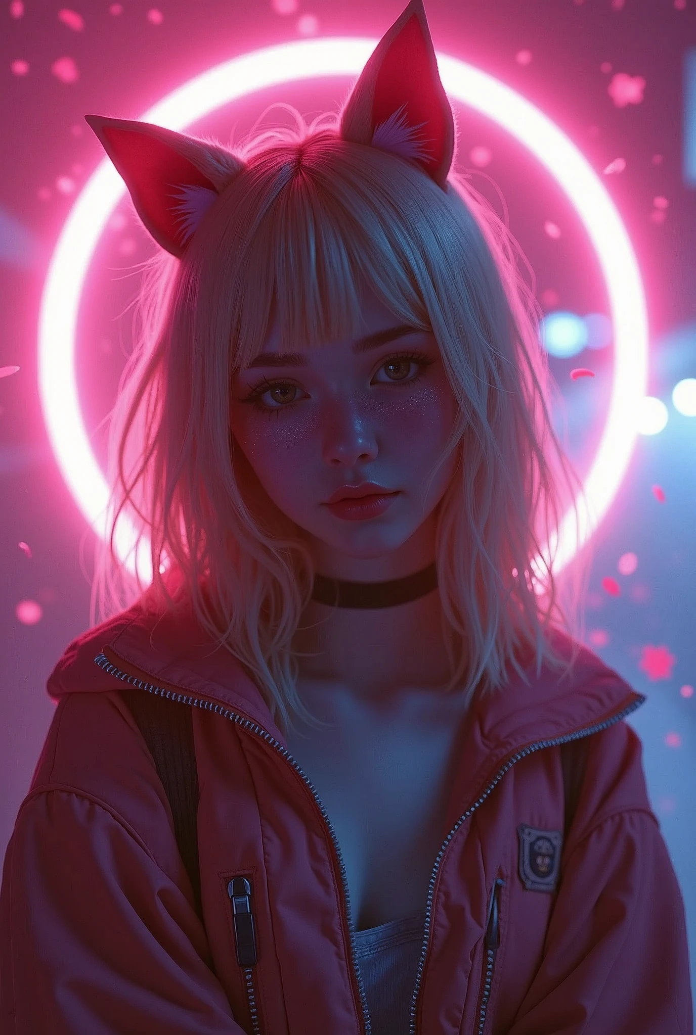 1girl, blond hair, cat_ears, animal_ears, solo, dark_skin, tan_skin, foggy neon futuristic, summer jacket, sakura falling, portrait style, looking_at_viewer, cinematic lighting, eyeliner, makeup, emotional, highly detailed, wide shot, sharp focus, ring light, rim lighting, octane render, ring light, rim lighting, nvinkpunk, samdoesarts