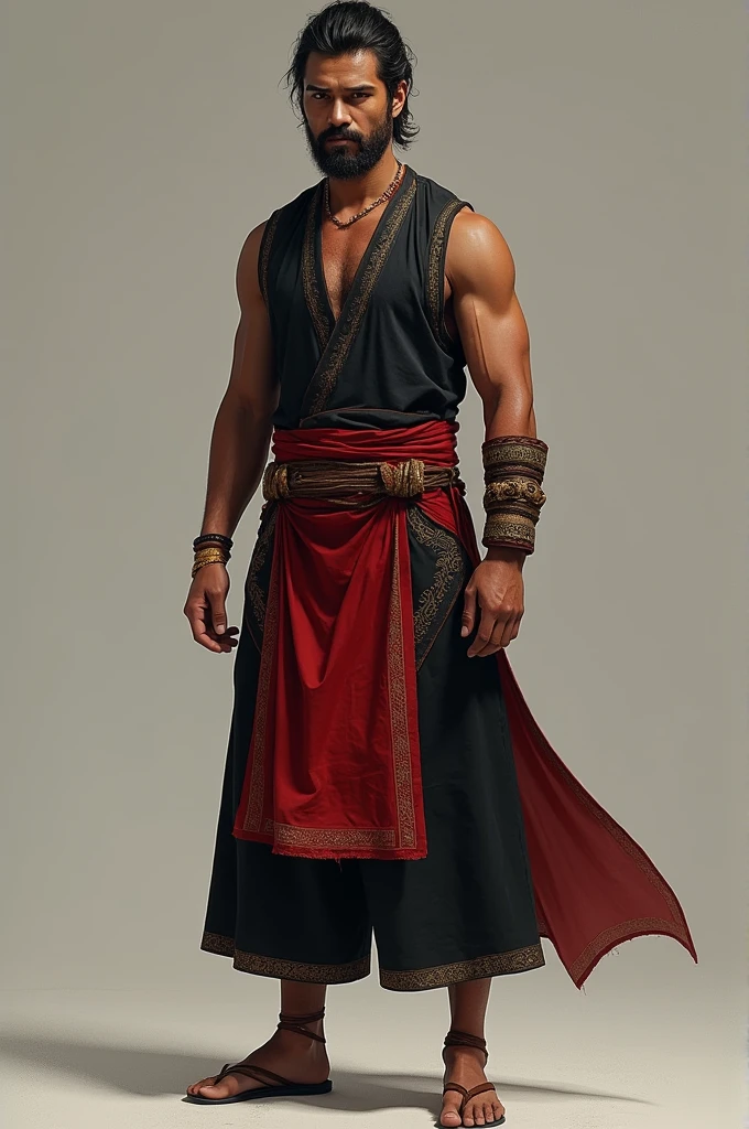  wears traditional Burmese warrior attire, modified for agility and stealth. His outfit consists of a dark, sleeveless tunic made from lightweight yet durable fabric, allowing for ease of movement. Over this, he dons a loose, deep-red longyi (a traditional Burmese garment similar to a sarong) that’s tightly wrapped and tucked to prevent hindrance during combat. His outfit is accented with gold embroidery in traditional patterns, symbolizing his connection to his homeland and culture.