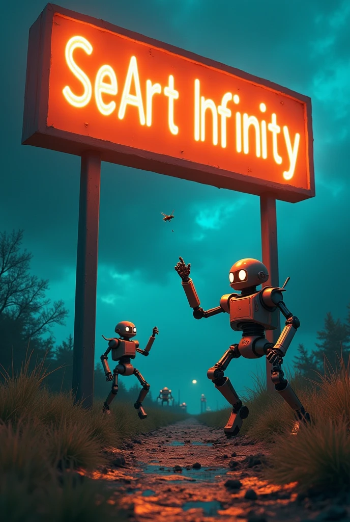 Robots chasing bugs under a glowing signboard written "SeaArt Infinity"