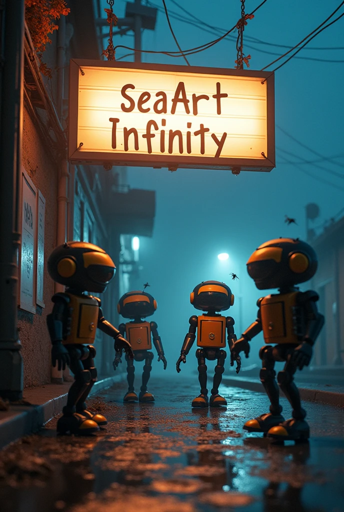 Robots chasing bugs under a glowing signboard written "SeaArt Infinity"