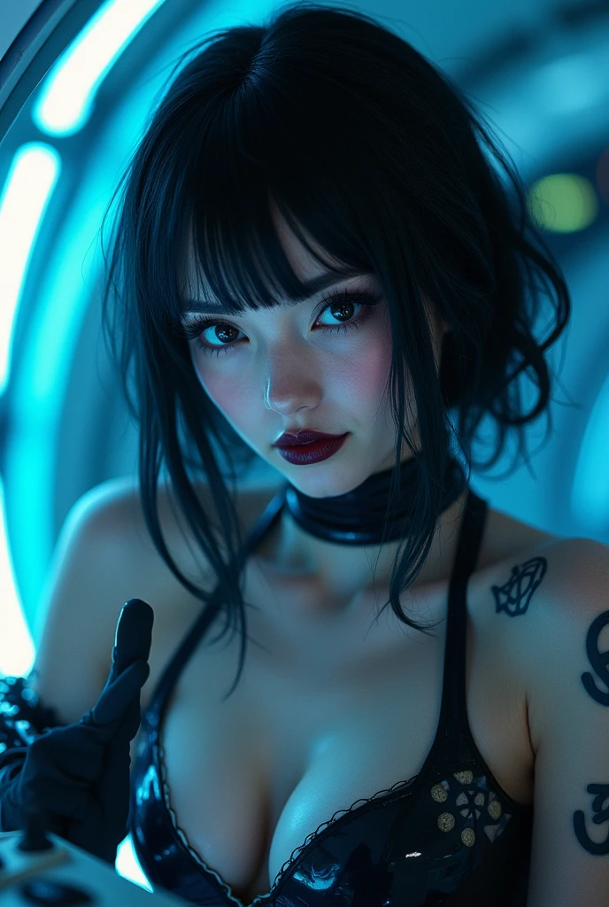 gundamwingcockpit, futuristic, scifi, plugsuit, transparent latex, goth, dark lips, large breasts, solo, black hair, gloves, g0thicPXL, dutch angle, smirk, controls, joystick, holographic interface, technology, close up, glowing, neon