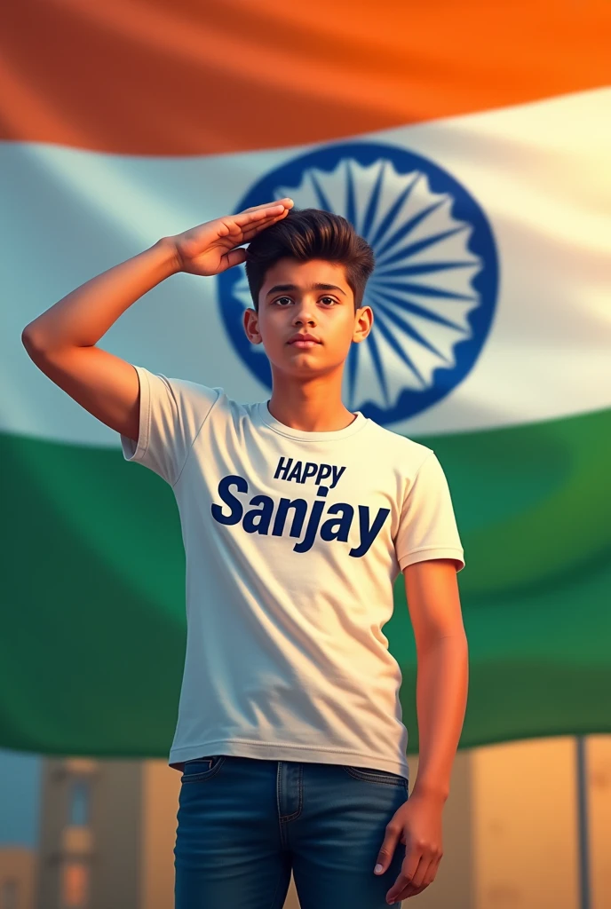 Prepare Ai photo in which a 17 year old boy is saluting the tricolor and the name Sanjay is written on the T- shirt and Happy Independence is written on the background.