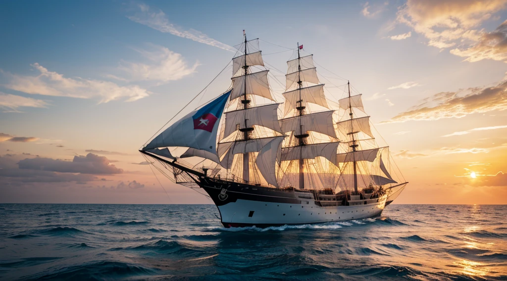 best quality, 8k, high resolution, sail ship in the ocean at sunset, sharp focus