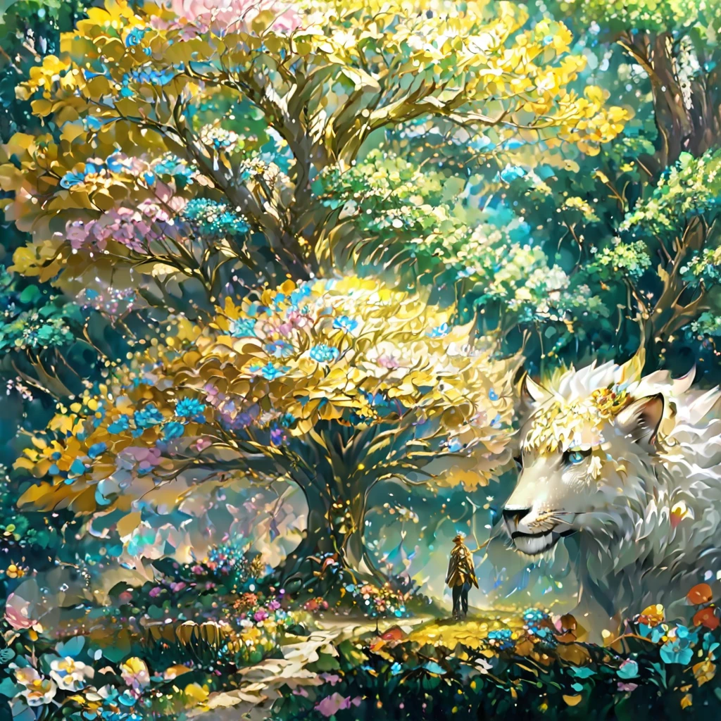 A man in a deep of thought bubble of very creative stuff of many different ideas. Clouding view of rare fantastic places surrounded by a tree of forest, gold, silver, animal and different types of flowers.