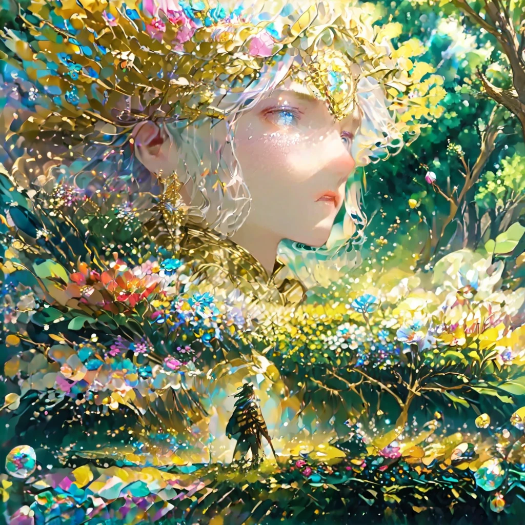A man in a deep of thought bubble of very creative stuff of many different ideas. Clouding view of rare fantastic places surrounded by a tree of forest, gold, silver, animal and different types of flowers.