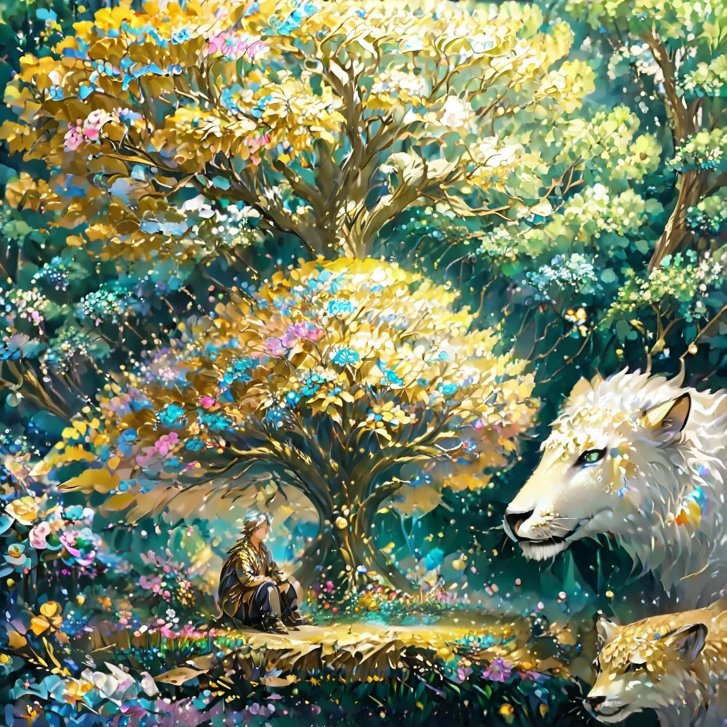 A man in a deep of thought bubble of very creative stuff of many different ideas. Clouding view of rare fantastic places surrounded by a tree of forest, gold, silver, animal and different types of flowers.