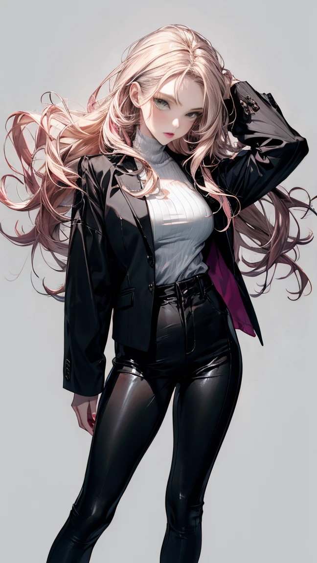 A beautiful woman with long black hair, green eyes, pale skin, and pink lips wearing a white sleeveless turtle neck, black pants, black blazer, and white heels