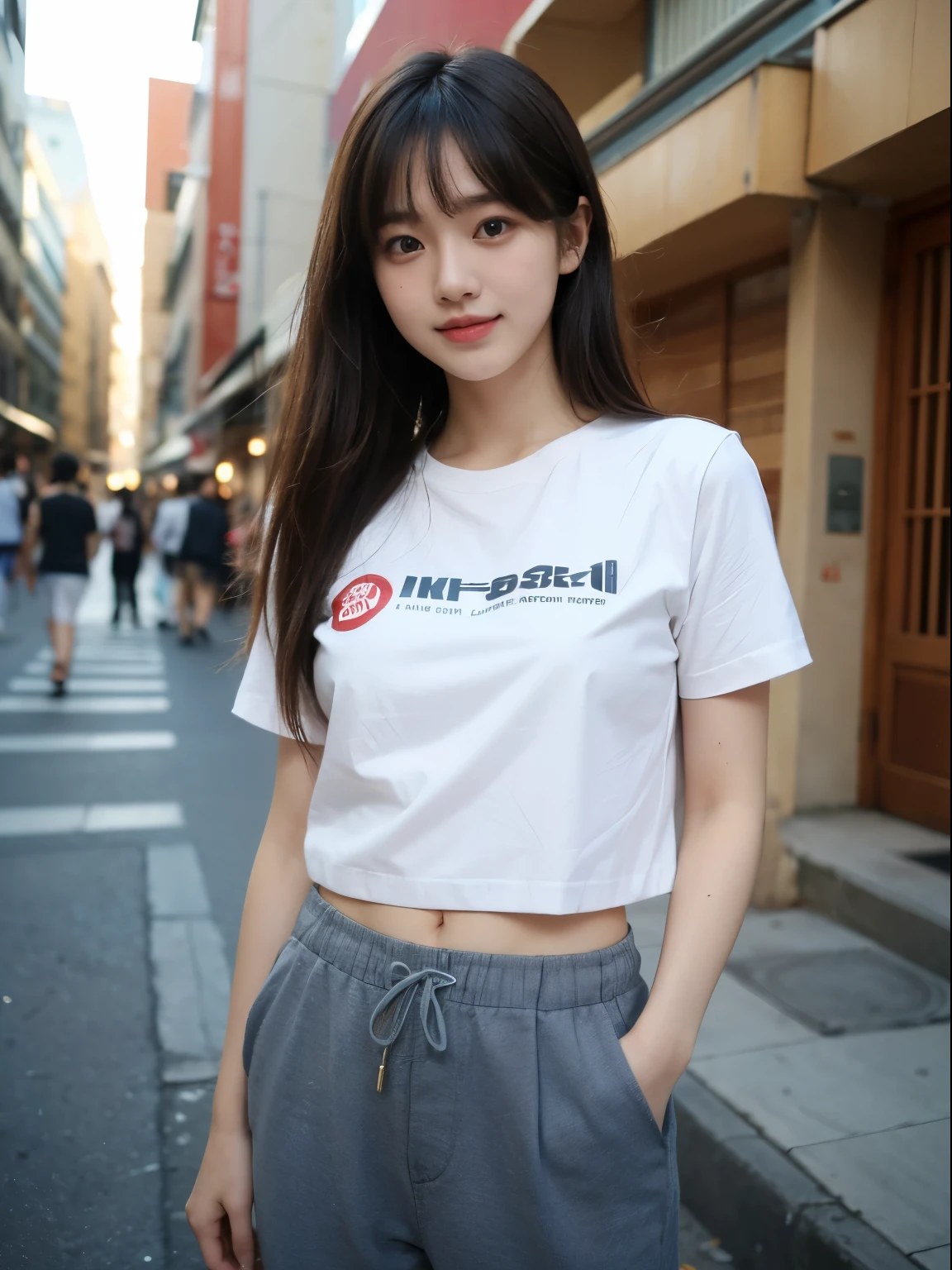 (8k, Top quality, Masterpiece:1.2), (Realistic, photo-realistic:1.37), Super detailed, perfect anatomy, a Japanese, girl, 18 years old, cute, small eyes, pants, bangs, at alley, short sleeve, laugh,
