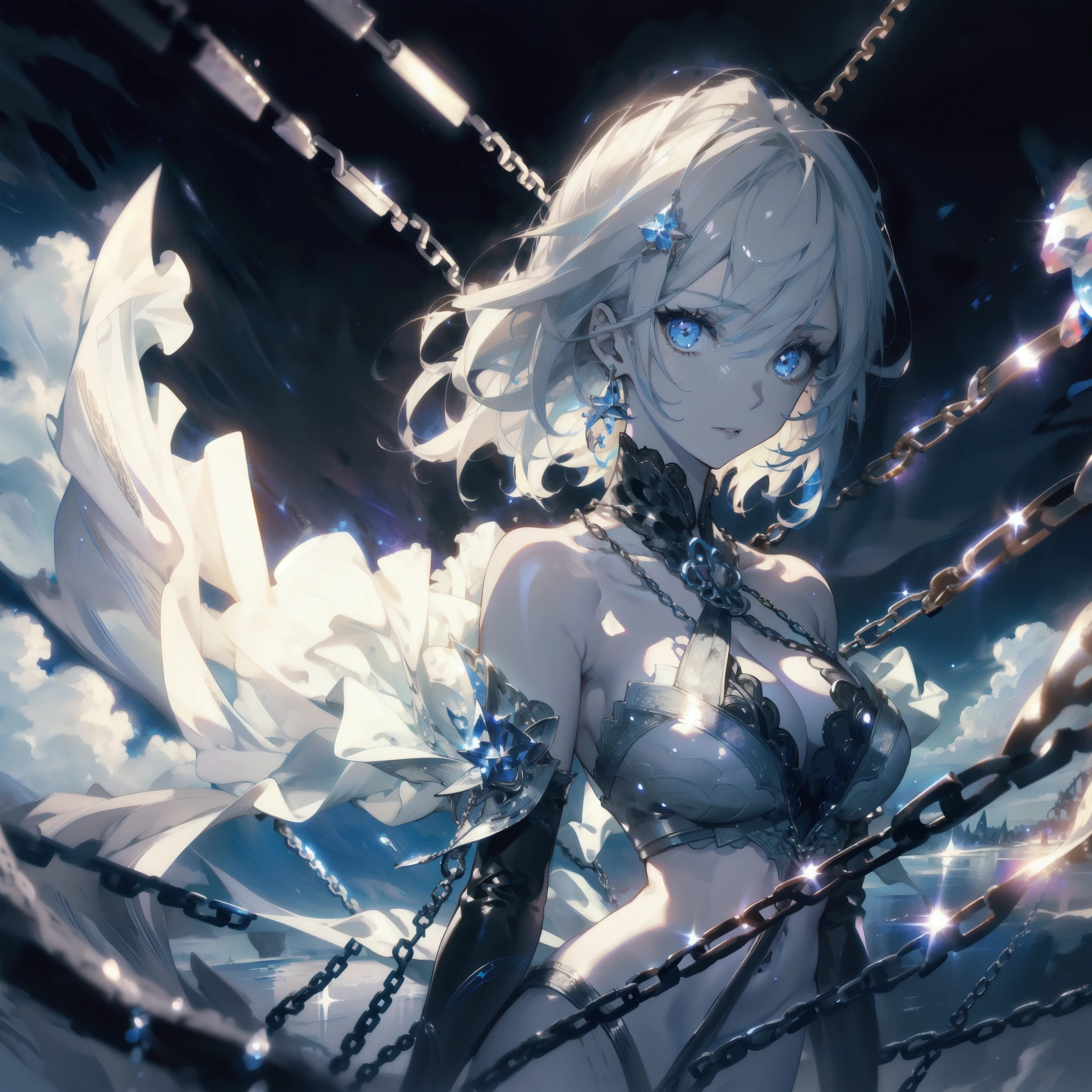 a beautiful detailed portrait of a young female magician, wearing a witch's hat, standing against a night sky background, highly detailed and realistic, masterpiece, best quality, 4k, 8k, highres, ultra-detailed, photorealistic, sharp focus, physically-based rendering, vivid colors, studio lighting, professional, porcelain skin, perfect facial features, long elegant legs, short stylish hair, mesmerizing eyes, enchanting expression, white armor, sexy bikini, clouds, rippling water, chains, tattoos, lace, partially nude