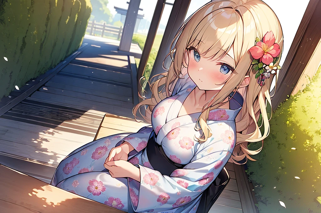 (Masterpiece, Top quality:1.5), nsfw, (dynamic angle:1.2), (1 beautiful girl, solo:1.2), (lie on tatami:1.2), Blonde, medium Hair, wavy Hair, asymmetry bangs, swept bangs, airy hair, large breasts:1.2, 16 year old, (flower printed blue yukata :1.3), shy:1.1, (blush:1.4), beautiful scene of indoor, arms up:1.2, open mouth