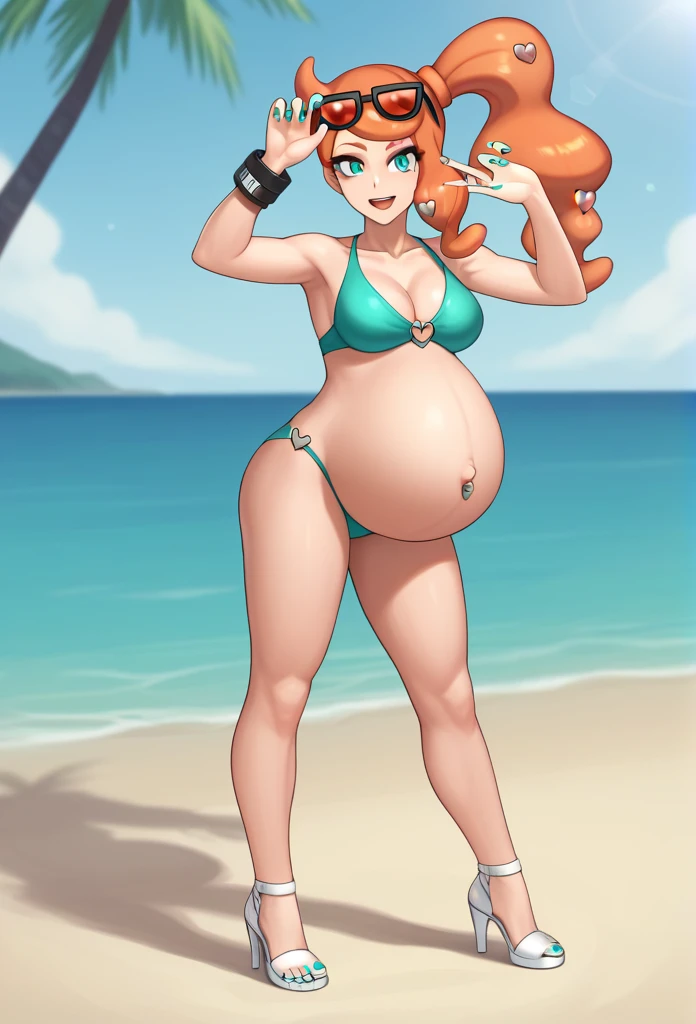 score_9, score_7_up BREAK solo,EPpkSonia,orange hair, side ponytail, aqua eyes, long hair, eyewear on head, sunglasses, heart hair ornament, aqua bikini, pregnant , big belly, Belly button piercing, cleavage, bracelet, collarbone, blue panties, nail polish, aqua nails, aqua toenails, Background beach, Posing, happy, White heels, Rubbing belly, sexy pose