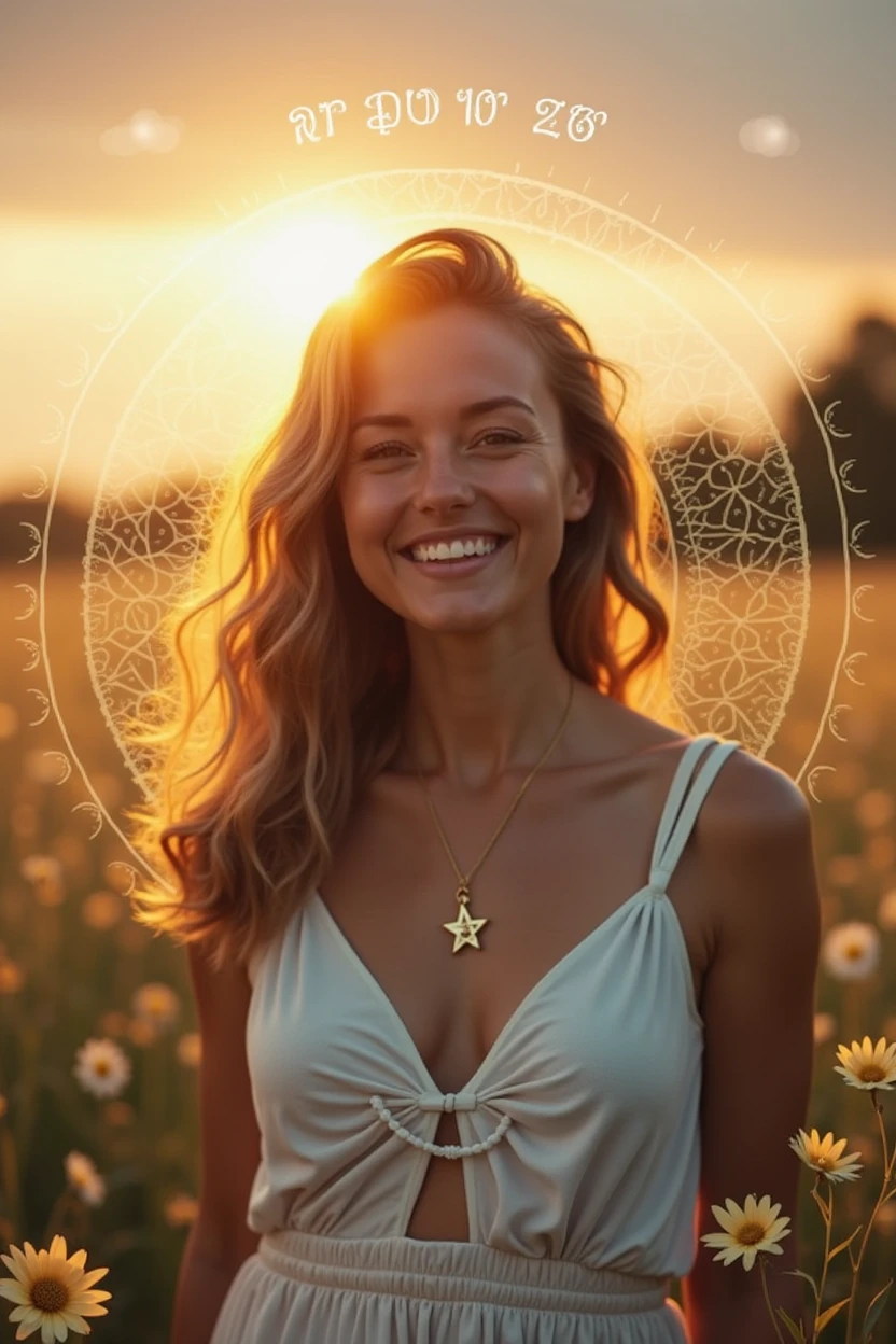 Create an inspiring image that conveys confidence and self-awareness. The image should include a smiling and confident woman in a natural setting, such as a field or garden, at sunrise or sunset. Her expression should convey confidence and serenity.
Incorporate a Star of David discreetly positioned in a corner of the image or subtly into the background. Add elements of soft golden lights radiating around the woman to create an effect of illumination and mysticism.
Include a numerological diagram in a lateral area or subtly within the image to suggest the in-depth and analytical content of the numerological map. Add a catchy phrase at the top or bottom of the image: "Discover Your True Purpose", using an elegant and legible font with colors that harmonize with the rest of the image (gold and soft blue).
Use soft and comforting tones, with a mystical and attractive touch, blending natural light and graphic elements to create a harmonious look.