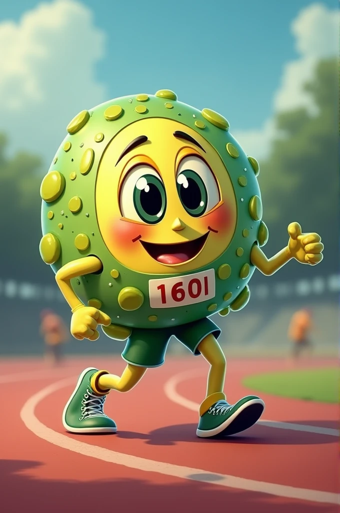 "Before dividing, Cells must go through a process known as the cell cycle.. It's like preparing for a big race!"
A cell with a face and expression, in a runner's uniform, warming up before a race.