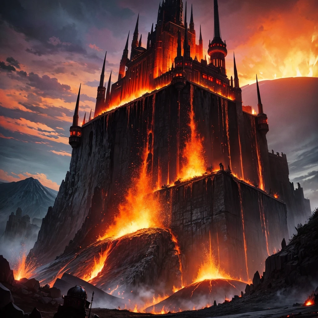 Giant castle made of black metal with Japanese and German style and dieselpunk style on top of a voncan with volcanic land background,Magma and fire and a red sky and around the volcano there is a dieselpunk city with black metal dieselpunk style that is where royalty is located