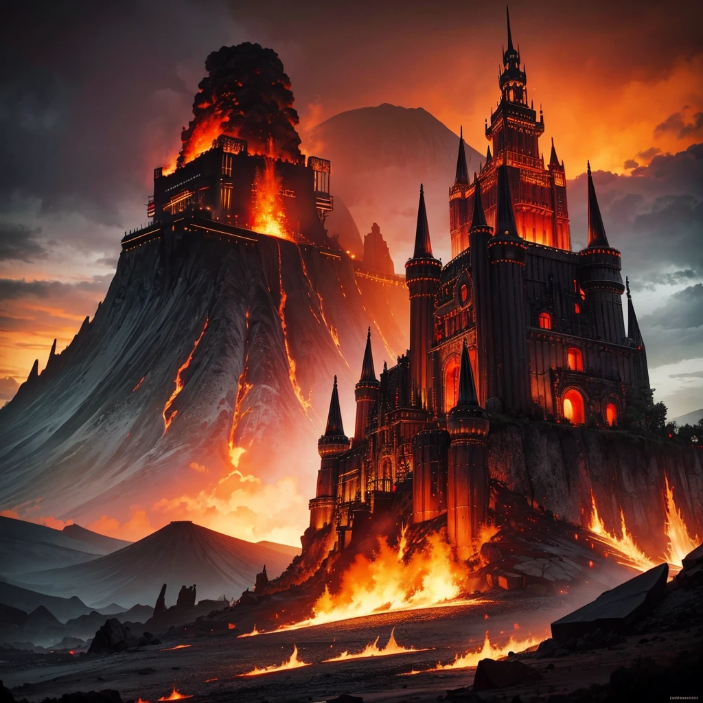 Giant castle made of black metal with Japanese and German style and dieselpunk style on top of a voncan with volcanic land background,Magma and fire and a red sky and around the volcano there is a dieselpunk city with black metal dieselpunk style that is where royalty is located