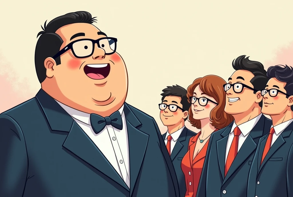 Navy blue suit、People with glasses and fat people、Manzai comedian、An illustration
