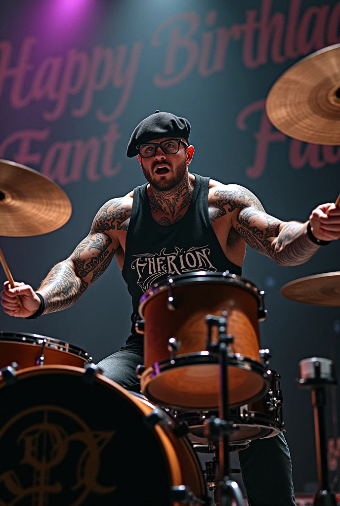 Muscular man with tattoos wearing a sleeveless Therion shirt, beret, reading glasses, playing drums, sitting at a concert with happy birthday fany in the background