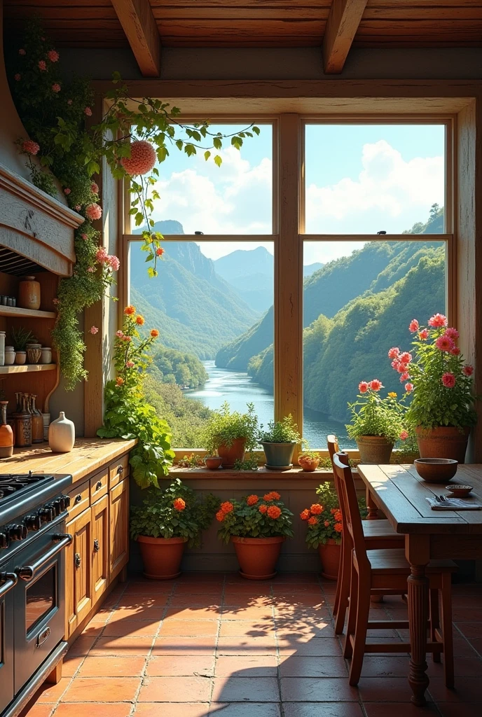 A kitchen with two huge windows overlooking mountains with nature, flowers and river . The kitchen seen from the inside out has to be very cozy, with lots of wooden furniture, very wide, It has to be larger, more romantic, with a larger window, two windows with a table and a fireplace, and the view has to be wider, not with the mountains so high up, and with more vegetation and flowers both inside and outside., without the hill on the right And with older furniture Not so modern, without the hill on the right and larger. That kitchen looks small and is missing the fireplace and another window on the right.