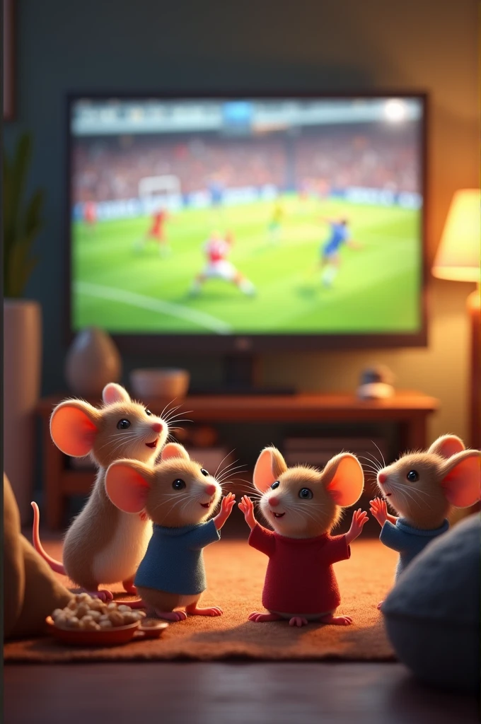 Mouse friends cheering on a football match on TV