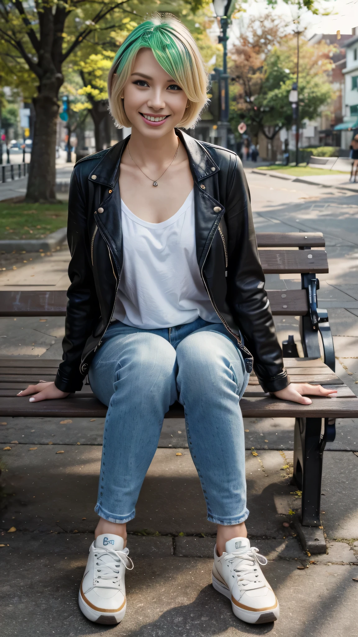 High resolution, 8k wallpaper, Beautiful Caucasian Woman、Full body photo、,Leather jacket、 sitting on a park bench、shirt、Skinny jeans、sneakers、、Necklace around the neck、 blonde 、short hair、ウェーブのかかった髪、ear piercing、smile、Beautiful teeth alignment、