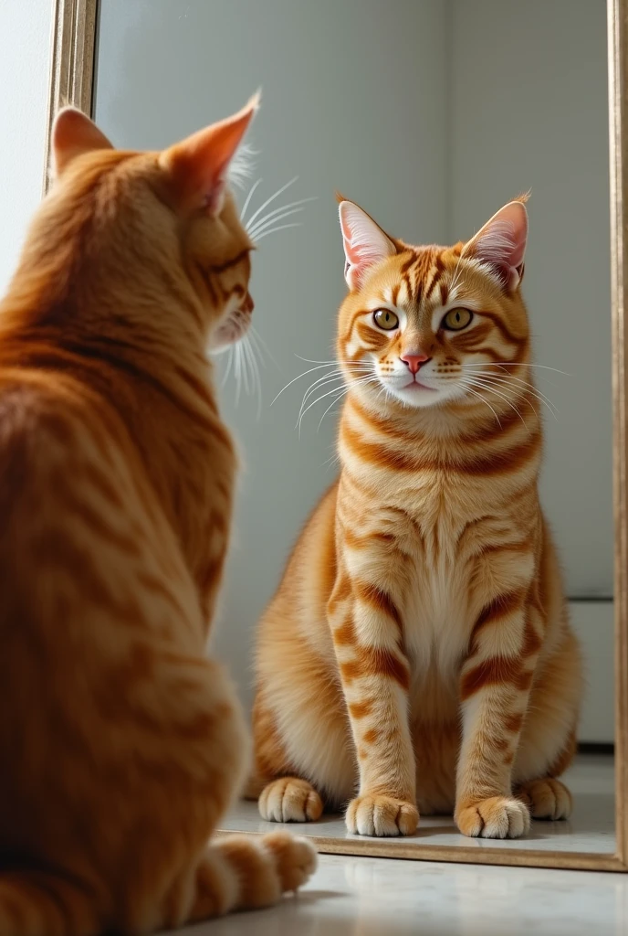 An adult orange kitten ,bem fortao ,full of muscles ,looking in the mirror