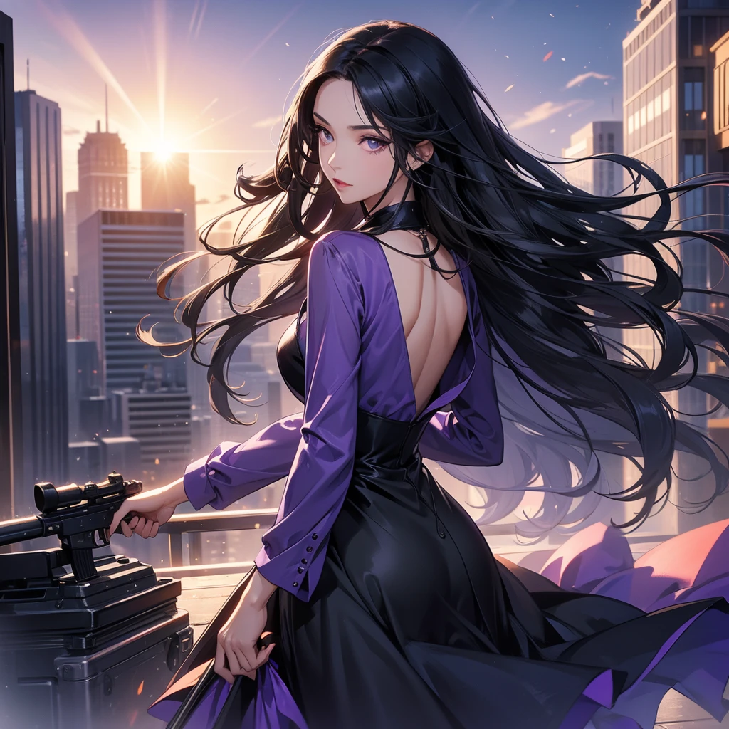 a beautiful woman with long black hair, wearing a tight violet dress, standing holding a pistol, aiming the barrel at the bad guys, on a tall building, the sun is setting.