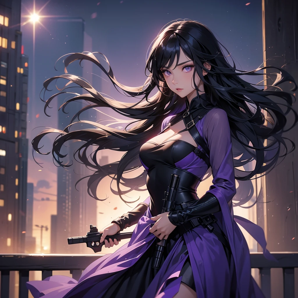 a beautiful woman with long black hair, wearing a tight violet dress, standing holding a pistol, aiming the barrel at the bad guys, on a tall building, the sun is setting.