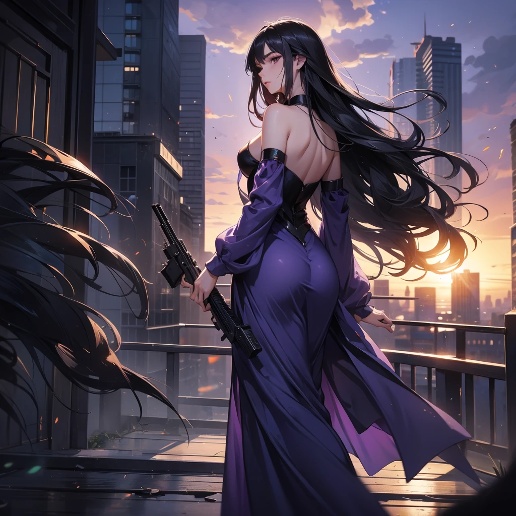 a beautiful woman with long black hair, wearing a tight violet dress, standing holding a pistol, aiming the barrel at the bad guys, on a tall building, the sun is setting.