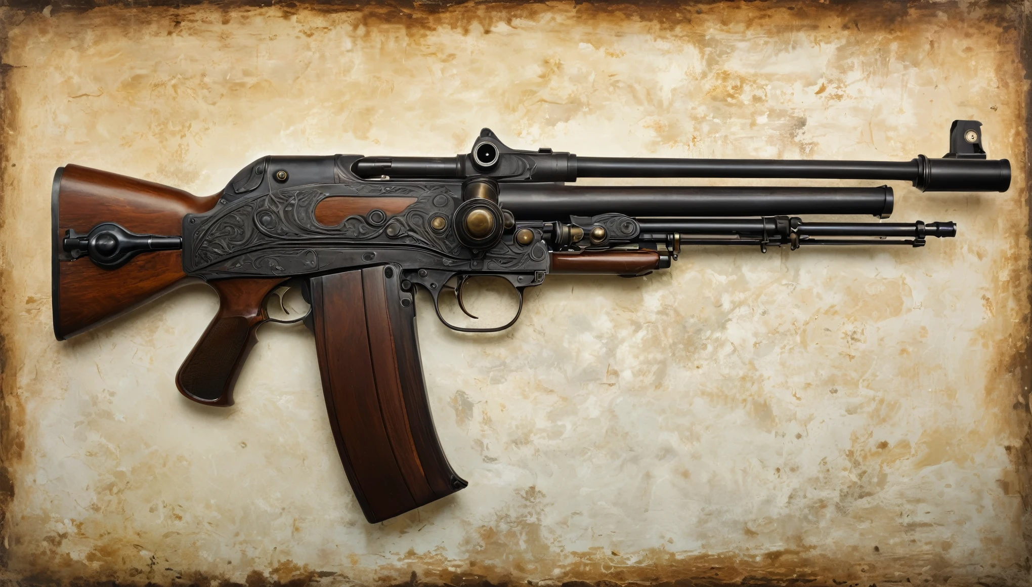 Best quality, Masterpiece, Ultra-high resolution, (photograph realistic:1.4), 8k,Surrealism, Dream-like,Chekhov's gun,Antique guns are displayed on the walls