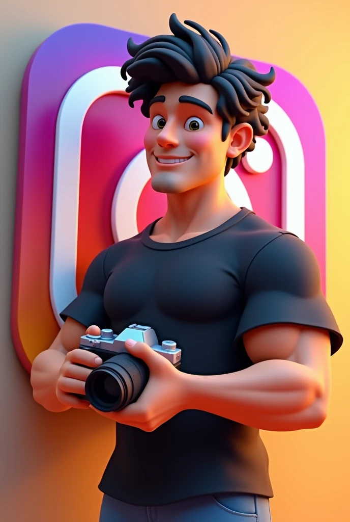 Create a 3D illustration of an animated dark-haired male character standing with camera in hands casually next to a social media logo "instagramart". The character must wear a black t-shirt, curly frizzy hair, darkskin  , slightly slanted eyes, has a strong body and is smiling , and holding a camera. The background of the image is a social media profile page with the username "wb photography" and a matching profile photo.