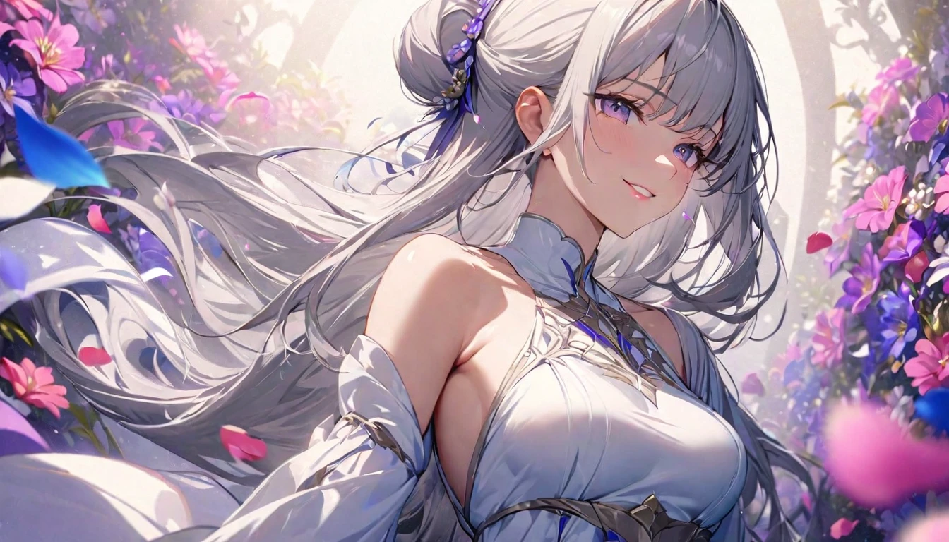 Highest quality, High resolution,Very detailed,Portraiture, Intricate white long dress, ((Modest clothing)), Are standing,Flower Field,Silver long hair,Hair Bun,smileの女性,Close up on abs, ((Medium Breast)), Beautiful attention to detail,Beautiful lip detail,flower petals in the air,Exposing shoulders,Vibrant colors,Studio Lighting,Soft sunlight, smile, ((Crack:0.6)), Half Body, Medium Shot