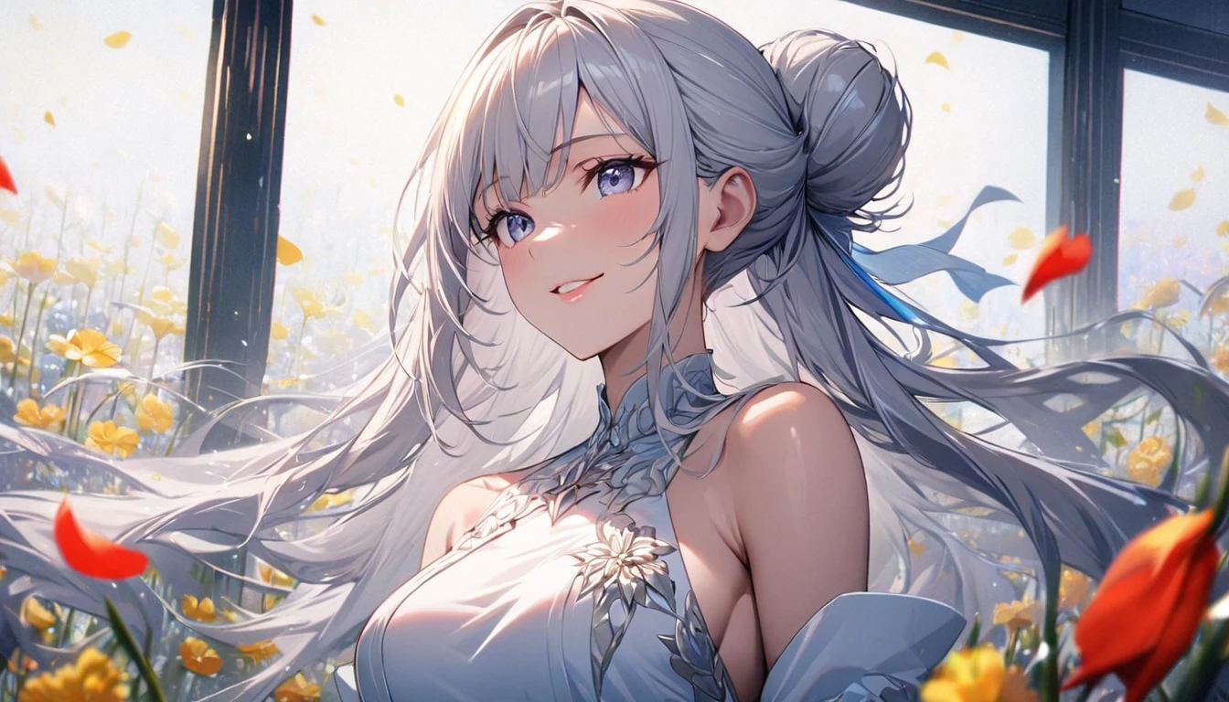 Highest quality, High resolution,Very detailed,Portraiture, Intricate white long dress, ((Modest clothing)), Are standing,Flower Field,Silver long hair,Hair Bun,smileの女性,Close up on abs, ((Medium Breast)), Beautiful attention to detail,Beautiful lip detail,flower petals in the air,Exposing shoulders,Vibrant colors,Studio Lighting,Soft sunlight, smile, ((Crack:0.6)), Half Body, Medium Shot