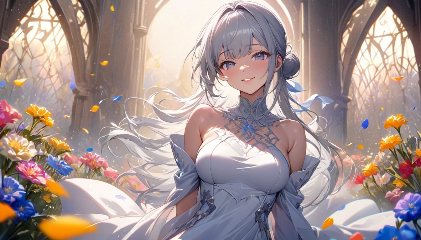 Highest quality, High resolution,Very detailed,Portraiture, Intricate white long dress, ((Modest clothing)), Are standing,Flower Field,Silver long hair,Hair Bun,smileの女性,Close up on abs, ((Medium Breast)), Beautiful attention to detail,Beautiful lip detail,flower petals in the air,Exposing shoulders,Vibrant colors,Studio Lighting,Soft sunlight, smile, ((Crack:0.6)), Half Body, Medium Shot