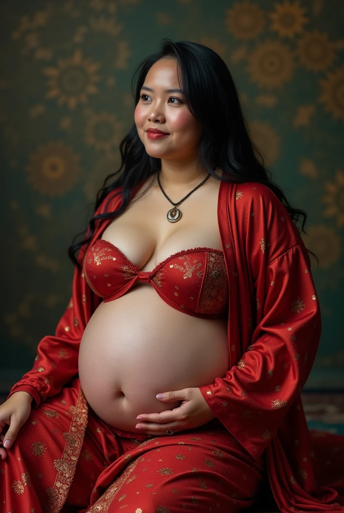 Beautiful Witches sit down on the body horse, beautiful woman asian real, full body, with thin red batik robe, press body, big pregnant, big round, big breast, with thin bra, slightly overweight woman, nipple hard, nipple straight