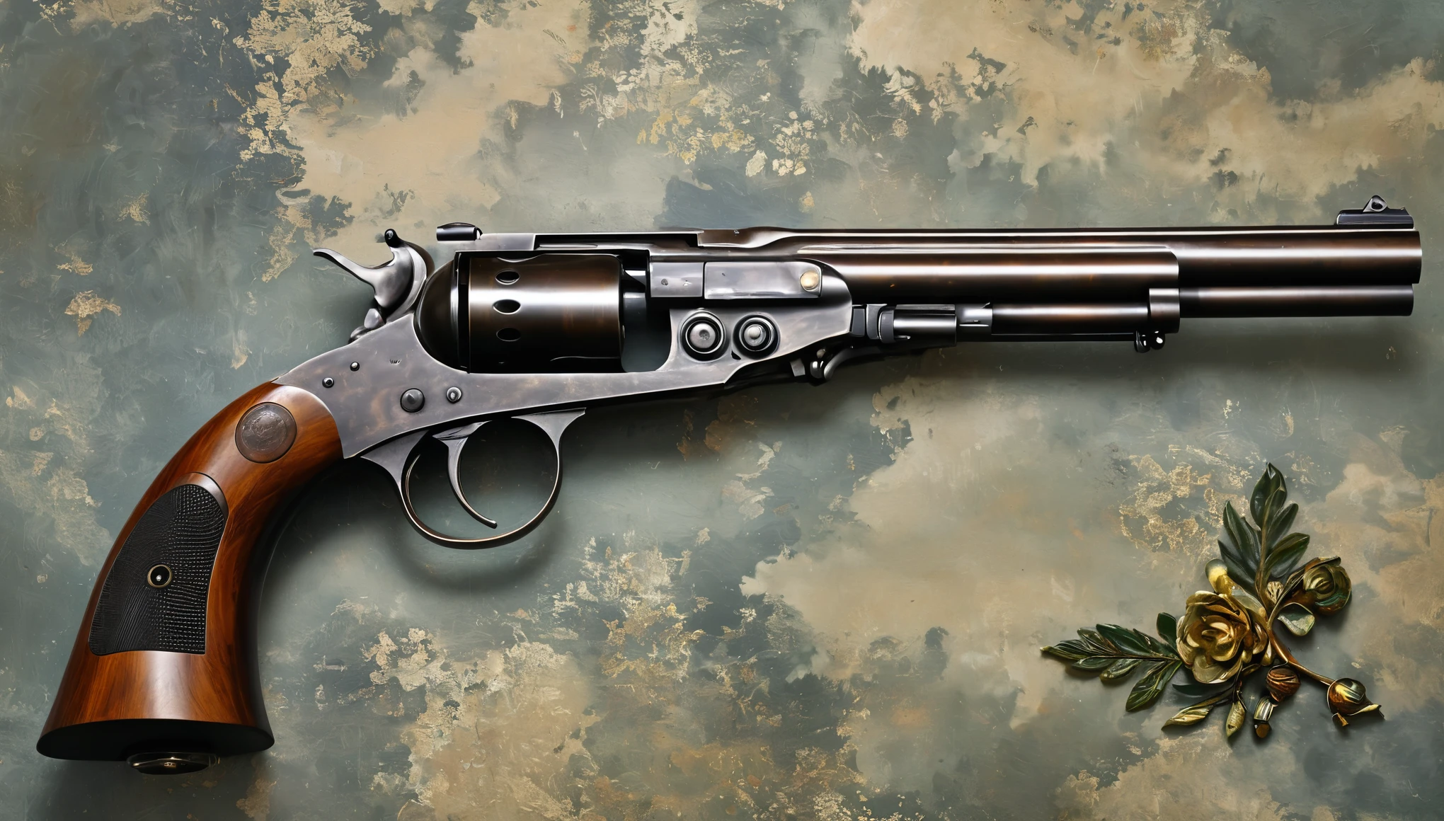 Best quality, Masterpiece, Ultra-high resolution, (photograph realistic:1.4), 8k,Surrealism, Dream-like,Chekhov's gun,Antique guns are displayed on the walls