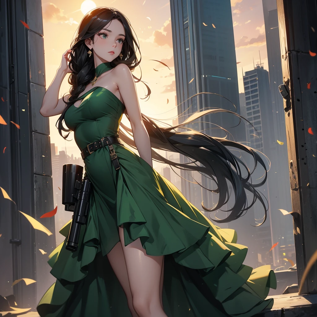 a beautiful woman with long black hair, wearing a tight green dress, standing holding a pistol, aiming the barrel at the bad guys, on a tall building, the sun is setting.
