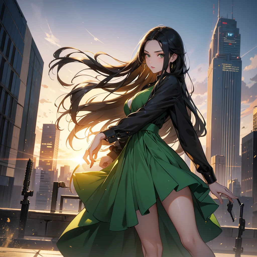 a beautiful woman with long black hair, wearing a tight green dress, standing holding a pistol, aiming the barrel at the bad guys, on a tall building, the sun is setting.