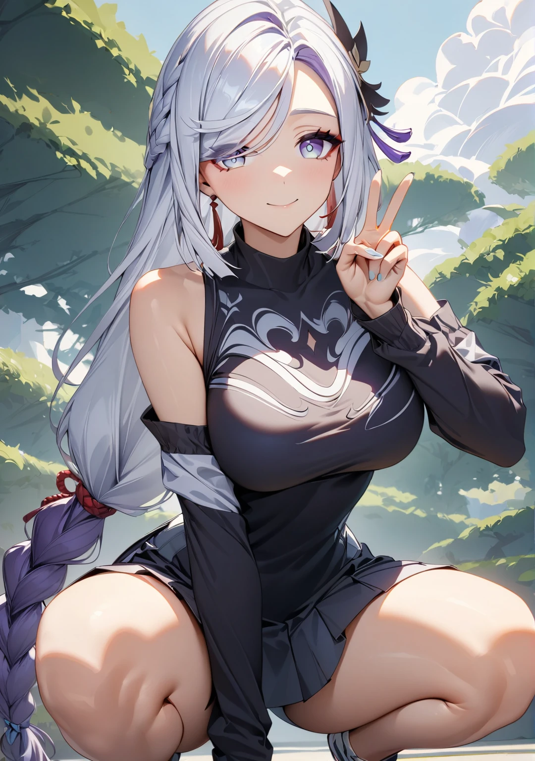 (highest quality:1.2, Very detailed, High Detail, High Contrast, masterpiece:1.2, highest quality, Best aesthetics), 1 girl, Shenhe, Genshin impact, alternate costume, Cyber Suit, Separated sleeves, Bare shoulders, ((White Hair:1.4, Braided long hair, White and purple hair accessories:1.2, gray bangs:1.1, Asymmetrical bangs)), sliver Eyes, Double eyelids, Detailed face, Loose braid, smile:1.2, Indifference, kind, Front view, Cowboy Shot, (((Crouching, V sign:1.2))), A park filled with greenery, squirt:1.2, White cloud, Wide-angle lens.